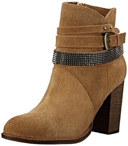 Chinese Laundry Zanga Boot Camel Suede Stacked Heel Ankle Stone Chain Bootie 