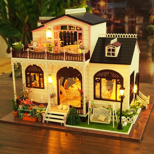 DIY Bowness Town Miniature Wooden Doll House Furniture Model LED Light Toys Gift