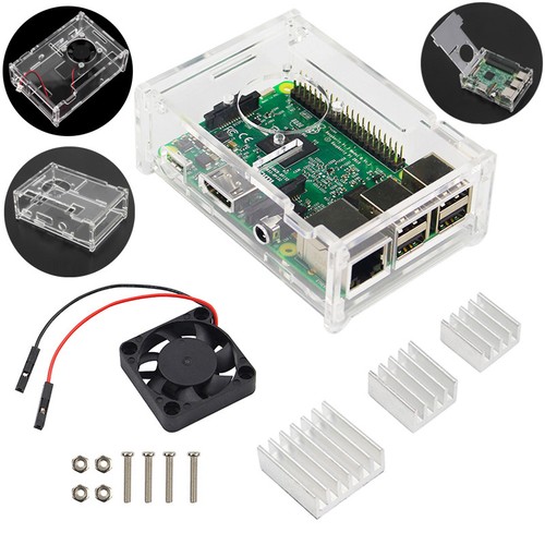 Heatsink Kit For Raspberry Pi 2//3// B+ Clear Case Enclosure Box Cooling Fan