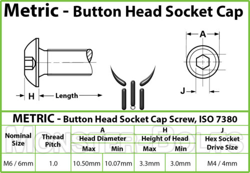 Ti Hex Allen TITANIUM M6 x 16mm BHCS DIN 9427 BUTTON HEAD Socket Cap Screw