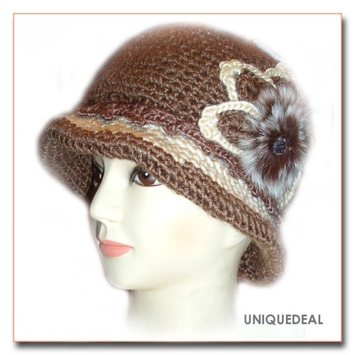 New Fashion WOMEN CROCHET CHEMO WINTER HAT BEANIE W FLOWER PIN //BROWN Q148