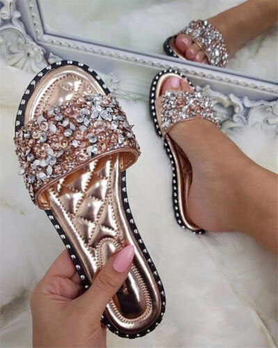 New Ladies Summer Sandals Women Flats Slippers Low Heel Rhinestones Shoes Size