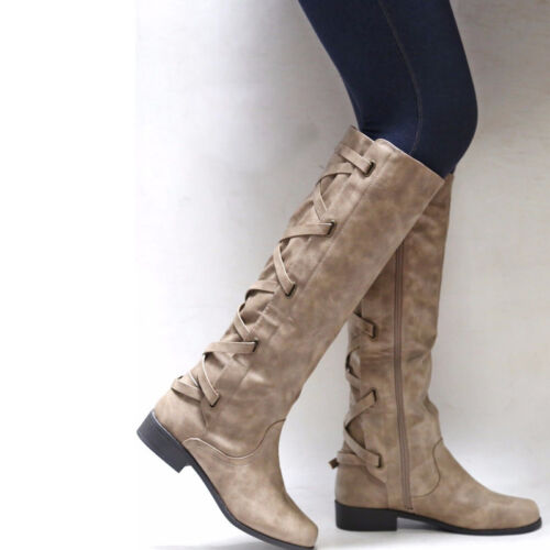 Women/'s Ladies Lace Up Motorcycle Riding Knee High Boots Buckle Winter Zip Shoes