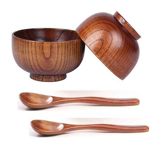 4 Pièces Bol Fait Par La Main en Bois et Cuillère pour Le Riz Miso Servant C6S5