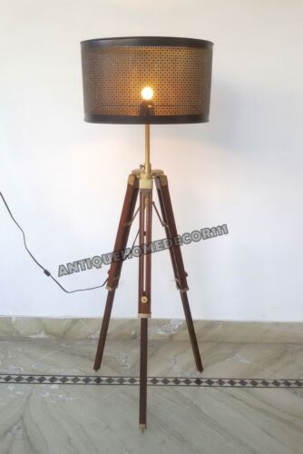 Vintage Nautical Tripod Floor Lamp Light Antique Wooden Stand Base Without Shade