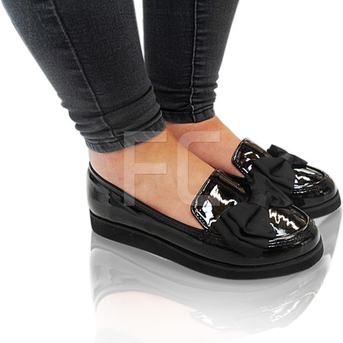 New Ladies Low Flat Loafers Bow School Work Dolly Smart Escarpins Shoes Office Size