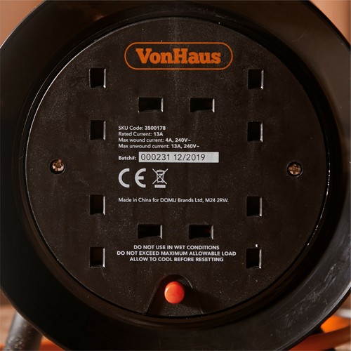 Vonhaus 10 m Câble d/'Extension Reel 4 Way Socket Extension Cable 13 A