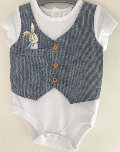 0-3 Months Peter Rabbit White Bodysuit With Integrated Navy /& White Waistcoat