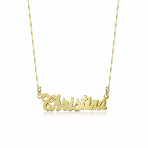 14K Yellow Gold Personalized Custom Cursive Name Pendant Box Chain Necklace Set