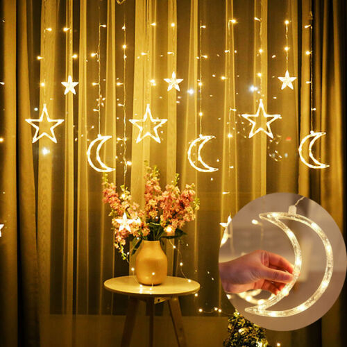 3.5m Curtain LED String Fairy Light Star Moon Lamp Wedding Garden Party Decor 