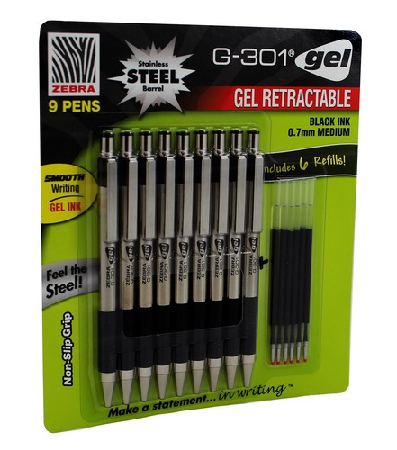 Zebra G-301 Gel Stainless Steel 9 Pack w// 6 Refill Cartridges