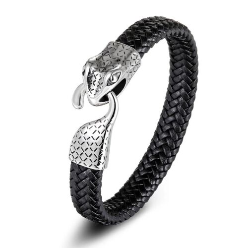 Men/'s Leather /& Snake Head Stainless Steel Thick Stacking Bracelet Silver Men