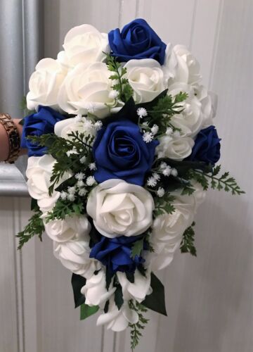 BRIDES TEARDROP BOUQUET Greenery natural look White/Royal Blue Roses 