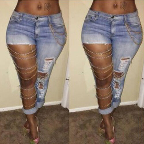 Fashion Womens High Waisted Skinny Ripped Denim Pants Slim Pencil Jeans Trousers