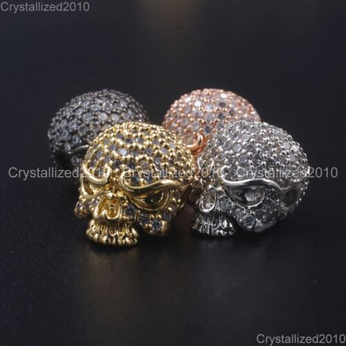 Zircon Gemstones Pave Solid Round Drilled Skull Bracelet Connector Charm Beads 