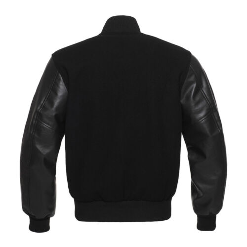 Varsity Letterman Solid Black wool Genuine Leather Sleeves bomber college Jacket