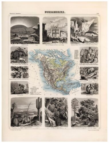 Alt Nordamerika Illustriert Landkarte Brockhaus ca 1863
