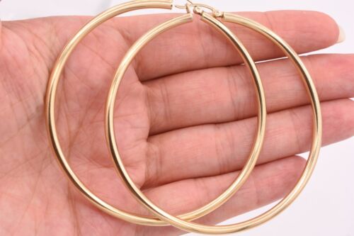 3mm X 70mm 2 3/4" Large Plain All Shiny Hoop Earrings REAL 14K Yellow Gold 5.7gr 
