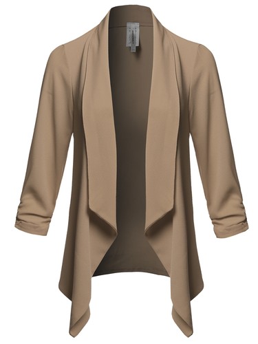FashionOutfit Women/'s Solid Lightweight 3//4 Ruched Sleeves Thin Cardigan Blazer