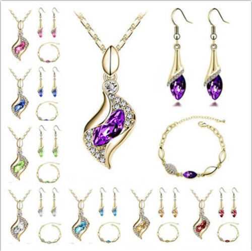 New 18K Gold Plated Jewelry Set CZ Elegant Hot Necklace Hook Earrings Bracelet 