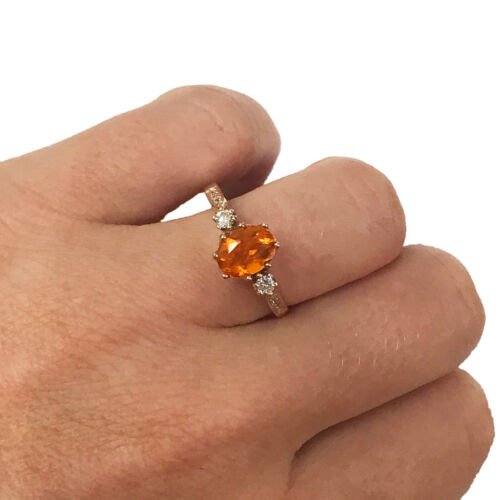 1.1 ctw Natural Fire Opal & Diamond Solid 14k Rose Gold 3 Stone Engagement Ring 