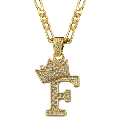 Unisex Cz Crown Alphabet Initial Letter Pendant 24" Figaro Chain HipHop Necklace 