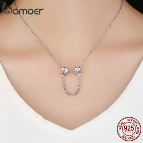 Bamoer S925 Sterling Silver Safety Chain charm Heart With CZ Fit Women Bracelet 