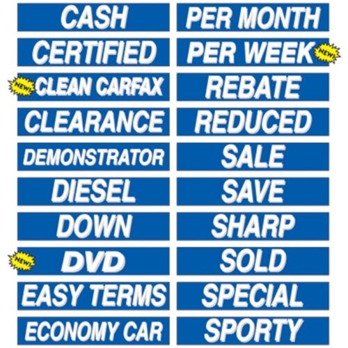 Car Dealer Window Stickers Slogans Blue and White 25 packs 15" Mix and Match 