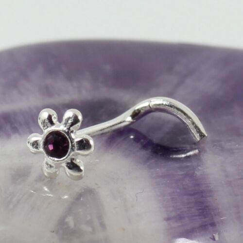 Curved Nose Stud Screw Solid 925 Sterling Silver Amethyst Crystal 0.6mm New
