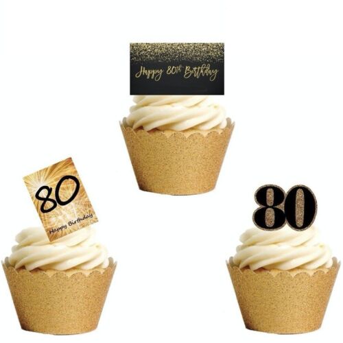 80.Geburtstag eßbar Muffin Tortenaufleger Tortenbild Party Deko Cupcake neu gold