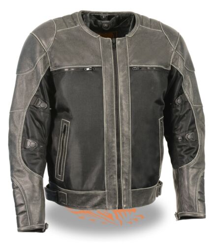 Men's Distressed Grey Leather & Mesh Racer Jacket w/ Removable Rain Jacket Liner 
