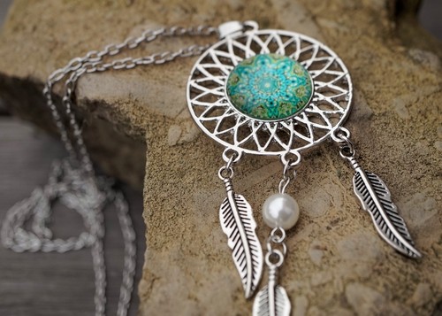 Green Mandala Dreamcatcher Long Necklace *Boho *Bohemian