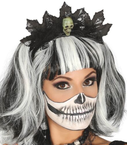 Ladies Skull Black Leaf Headband Halloween Tiara Fancy Dress Costume Accessory 