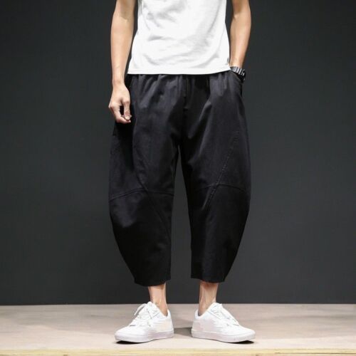 Men Linen Cotton Cropped Pants Loose Harem Oversize Trousers Beach Casual M-5XL