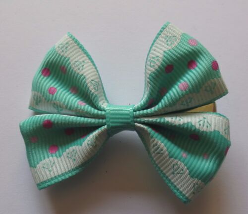 LADIES//GIRLS POLKA WITH LACE EFFECT EDGE BOW HAIR SLIDES 50MMX40MM-MANY COLOURS