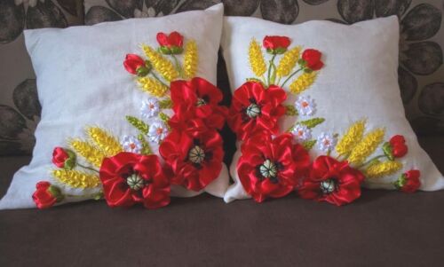 Set 2 Ukrainian Handmade Embroidered Pillow Cover Ribbon Embroidery custom size 