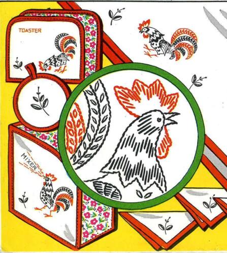 Hand Embroidery Transfer 646 Rooster Chicken for Towels Toaster Mixer Cover