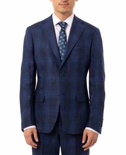 Tallia Mens Blazer Blue Size 40 Slim Fit Plaid Suit Separate Jacket $425 #004