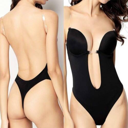 Details about   Women Plunging Deep V-Neck Strapless Backless Clear Straps Bodysuit Shapewear US 