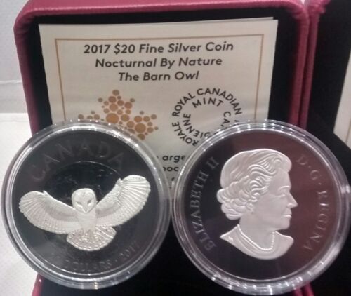 2017 Barn Owl $20 1OZ Pure Silver Coin: Nocturnal Night Sky Moon, Black Rhodium