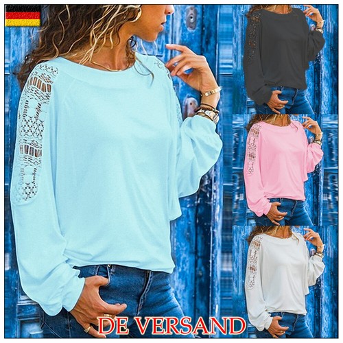 Damen Lose Spitze Lange Ärmel Bluse Oberteile Lässig Tunika Shirt Casual Tops DE