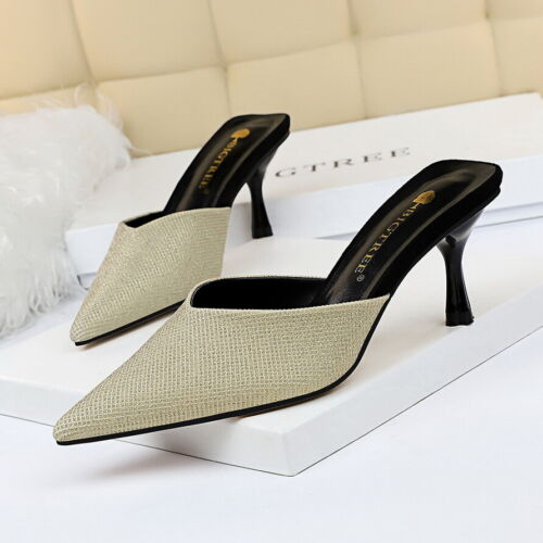 Details about   Women Summer Pure Sequin Cloth Pointed Toe M Heel Mule Slip On Slippers Sandals 