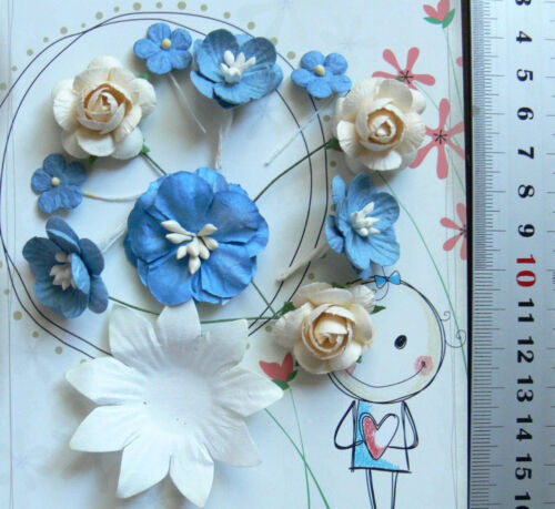 Denim Blue /& Ivory Mix 5 Styles = 11PAPER Roses /& Flowers 10-55mm across MH ConA