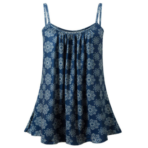 Plus Size Woman Lady Comfy Cami Sleeveless Vest Swing Strappy Printed Flared Top