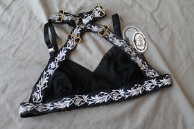 Bordelle Kew Soft Collar Bra Black floral embroidered 24k gold SS XS NWT