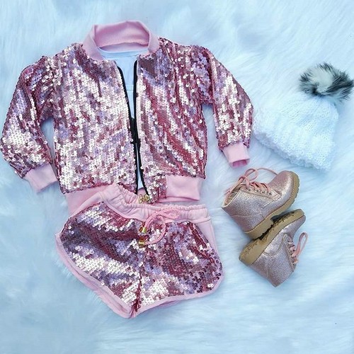 Toddler Kids Baby Girls Sequin Zipper Outfits Long Sleeve Jacket Coat Sweatshirt