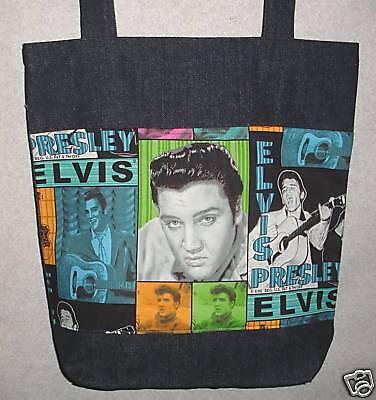 NEW Large Denim Tote Bag Gift Handmade//w Elvis Presley Fabric