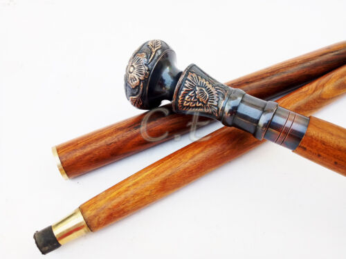 Antique Brass Handle Vintage Style Brown Wooden Walking Stick Cane Handmade Gift