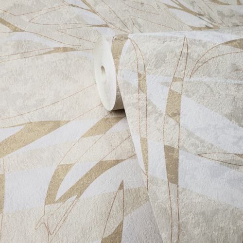 Modern Texture Wallpaper white yellow Gold metallic Abstract Palm Leaves roll 3D 