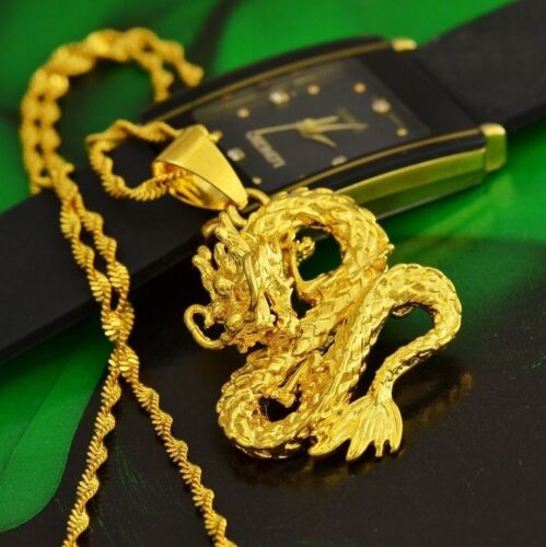Vintage Dragon Pendant 18" 20" 24" 30" D559 24k Yellow Gold Link Chain Necklace